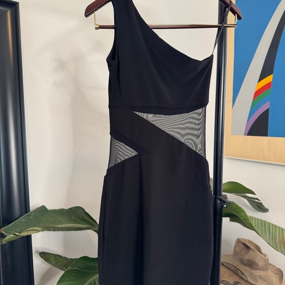B Darlin One Shoulder Black Dress with Mesh Detail - Picture 1 of 5